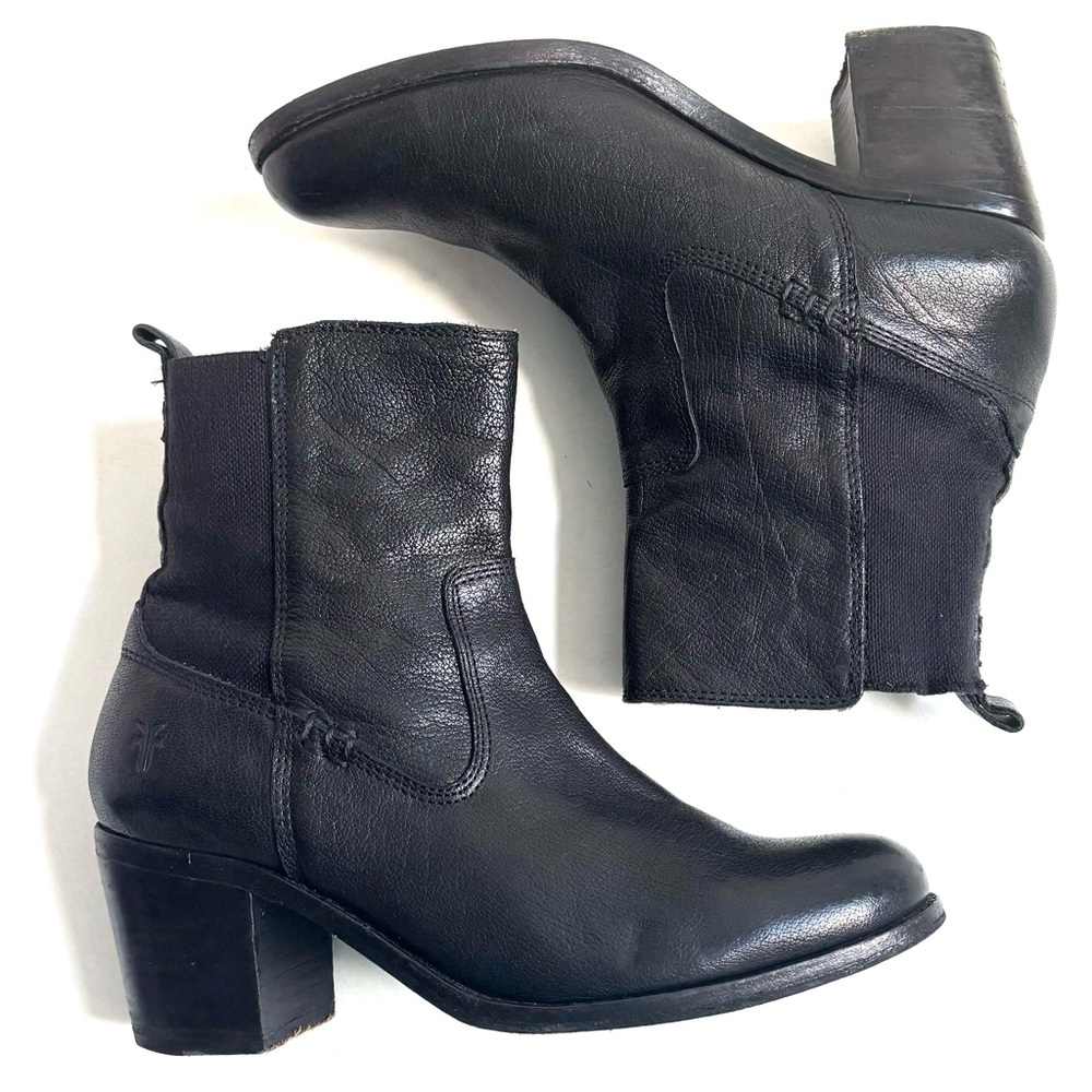 Frye Janis Gore Leather Ankle Boots Block Heels Pull On Black Size 8